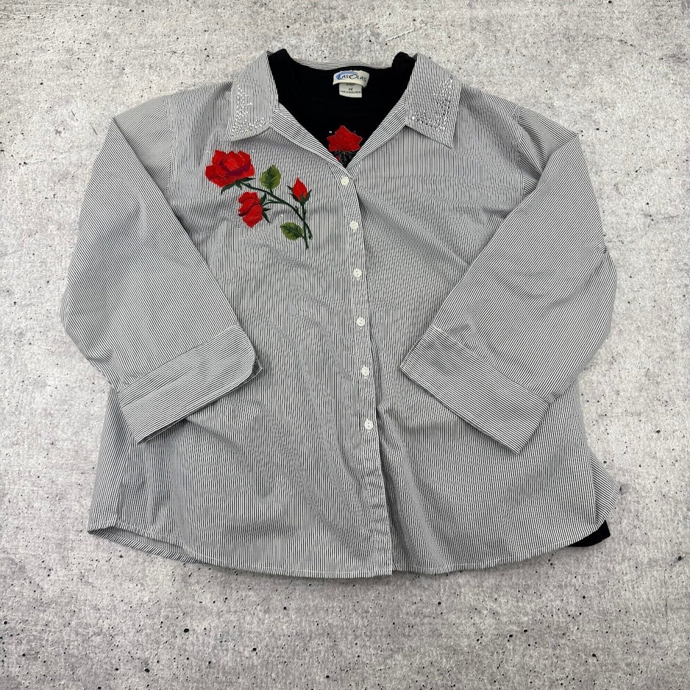 Las Olas Womens XL 2 Piece Set‎ Pinstripe Rose Embroidered Shirt and Tank Top